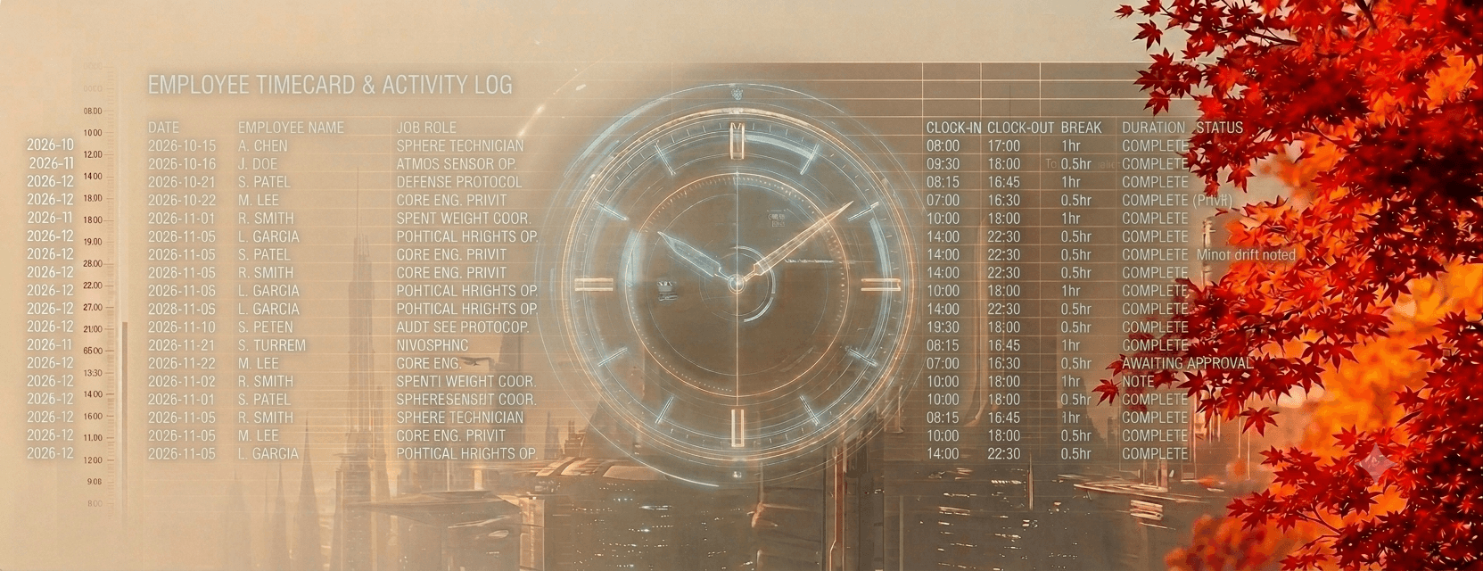 A luminous holographic clock and timecard/activity log over a warm, dusk city skyline, with autumn maple leaves — BizyClock's brand illustration