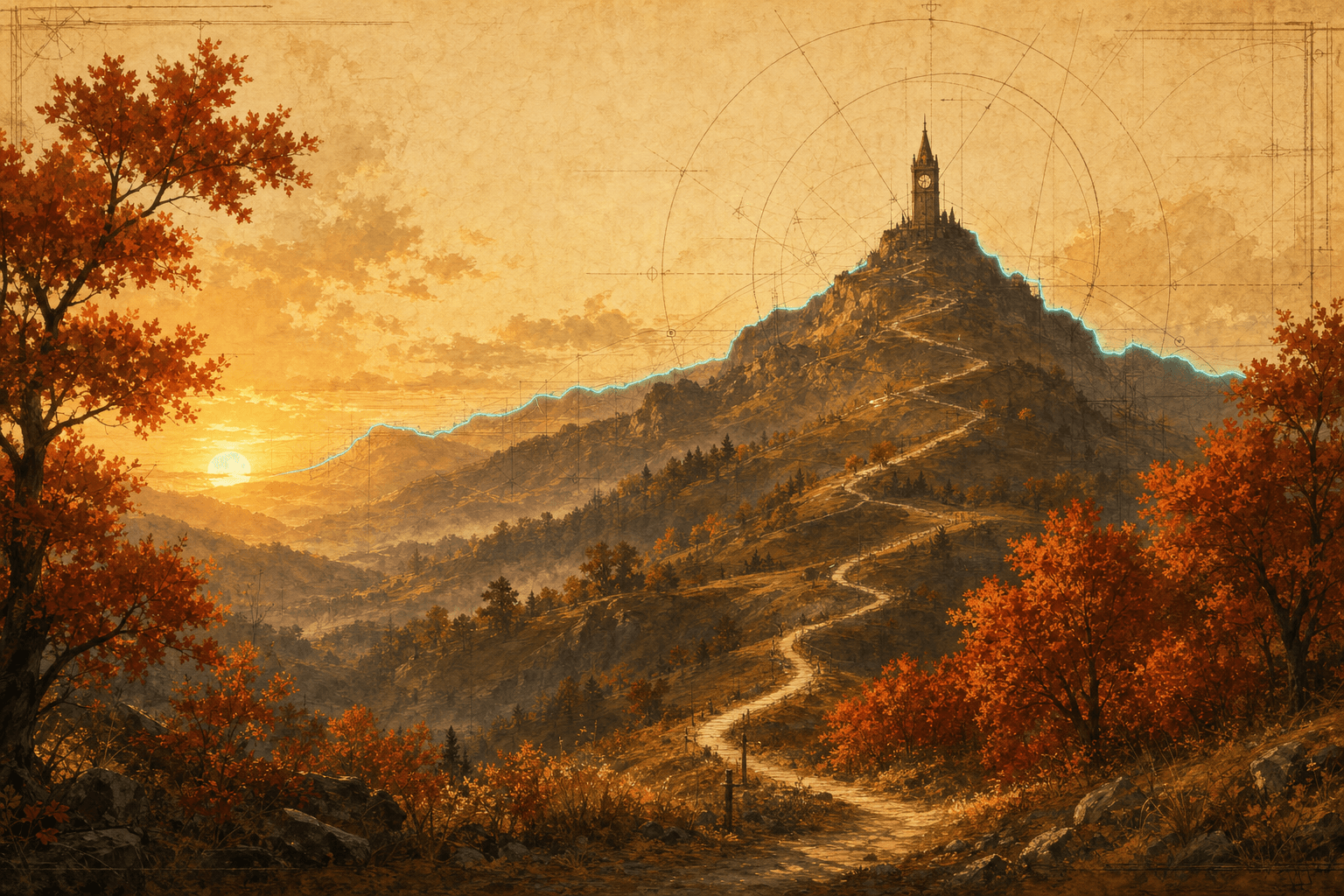 A warm, painterly golden-hour landscape of a mountain ridge with a distant clocktower silhouette, a winding path, blueprint linework, and autumn maple trees framing the scene — BizyClock's brand illustration.