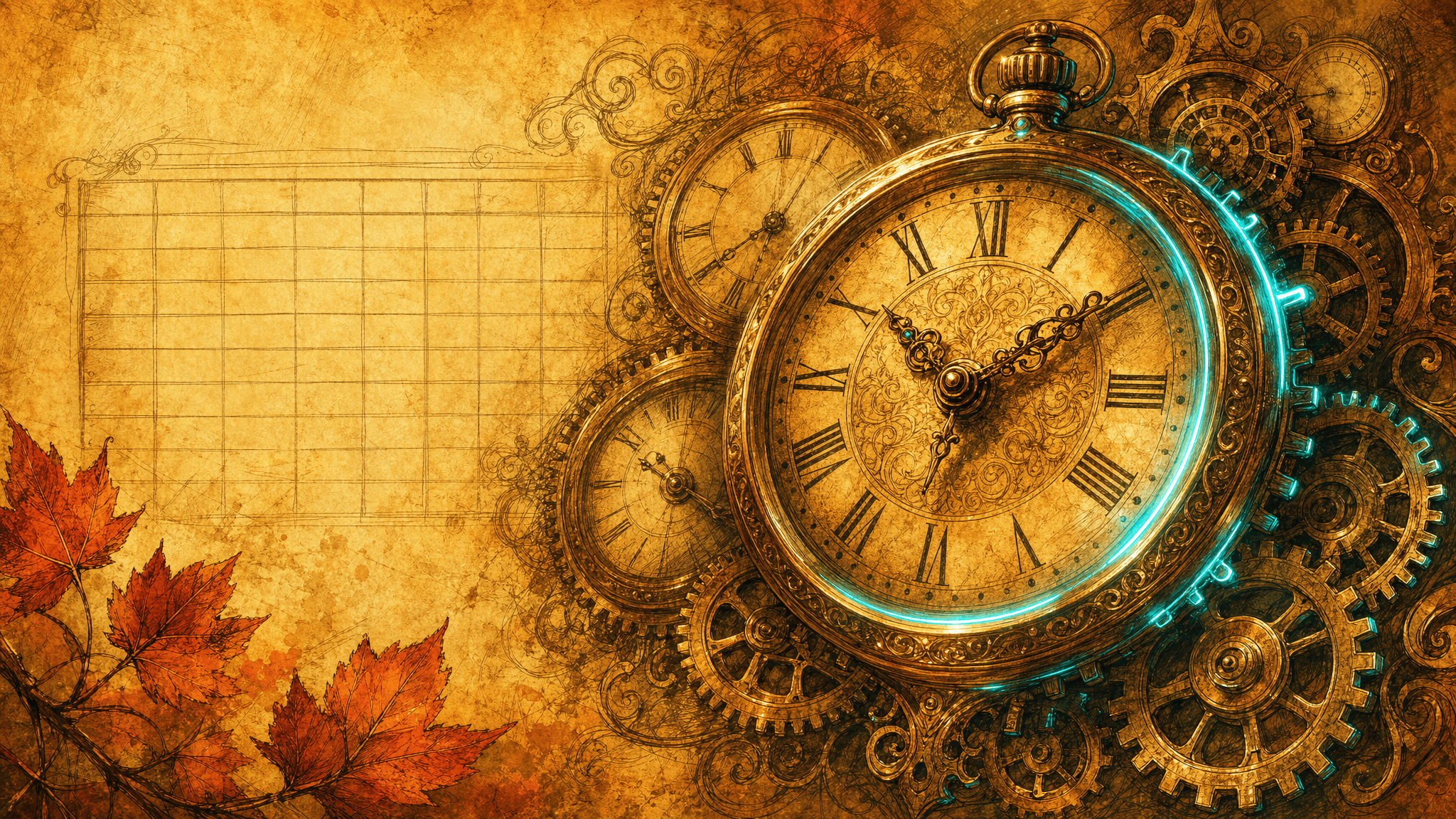 A warm, painterly illustration of an ornate brass pocket watch with a glowing cyan rim, layered vintage clock faces and gears, a faint sketched timesheet ledger, and autumn maple leaves — BizyClock's brand illustration