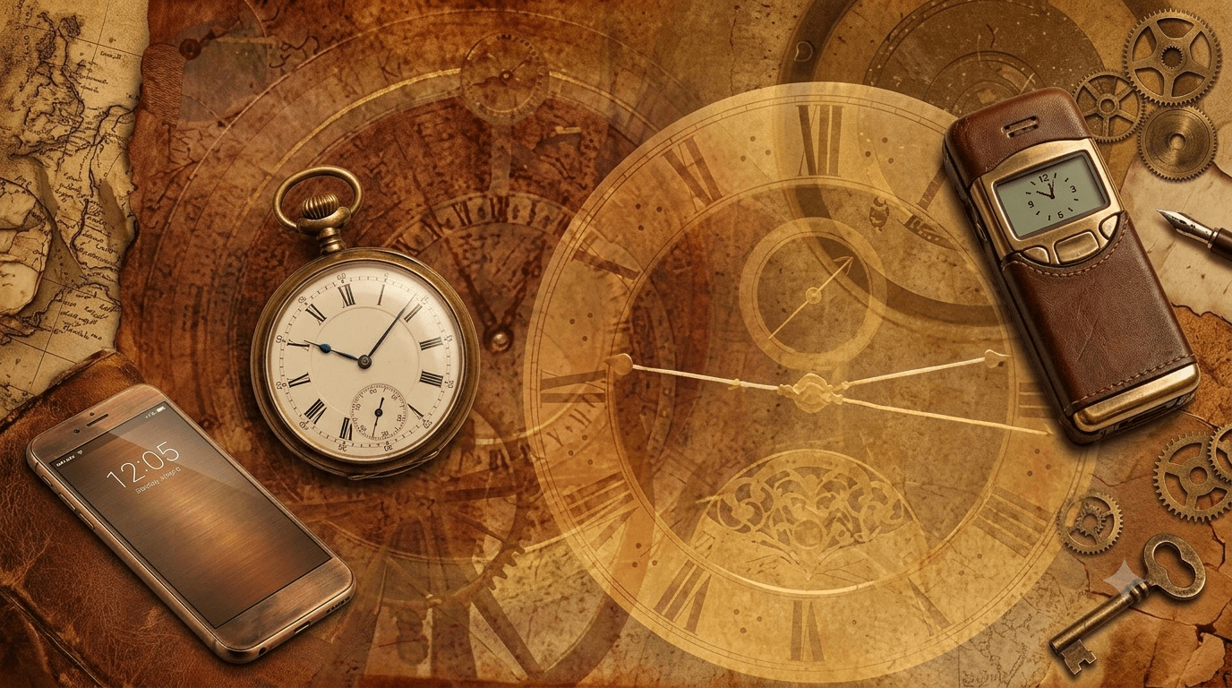 A warm, painterly still life of a pocket watch, a smartphone showing the time, and layered antique clock faces over old map linework — BizyClock's take-it-with-you brand illustration.