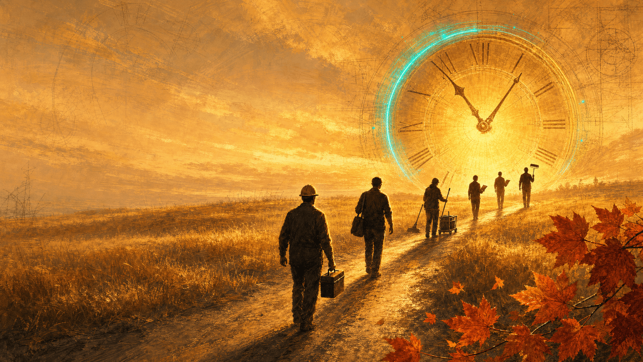 A warm, painterly illustration of silhouetted workers — a hard hat with a toolbox, a laptop bag, a mop and cleaning cart, a clipboard, a paint roller — walking an open golden-hour path toward a huge glowing clock standing in for the setting sun, with autumn maple leaves — BizyClock's brand illustration