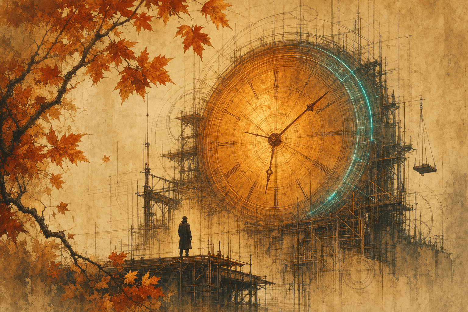 A warm, painterly illustration of an oversized glowing copper clock face fused with architectural blueprint linework, a small figure looking up at it, and an autumn maple branch — BizyClock's brand illustration.