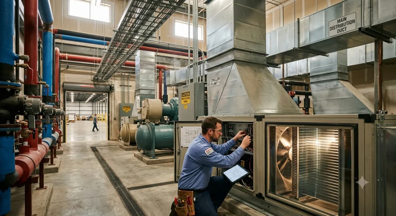 HVAC technician working on industrial equipment, tracking job hours with BizyClock