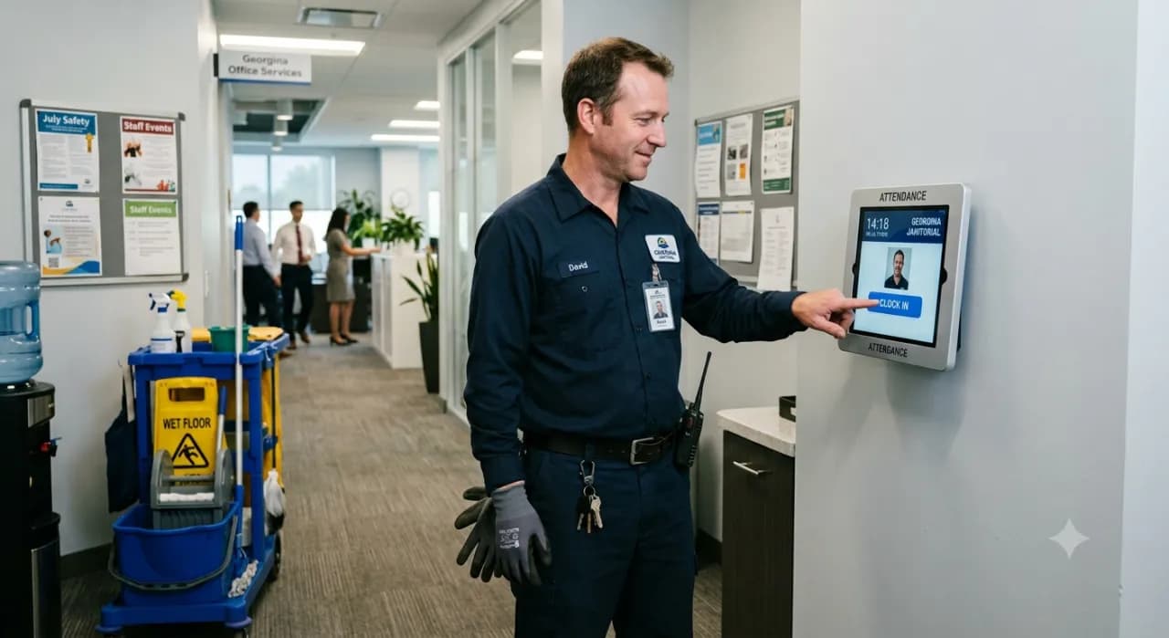 Janitor clocking in for a cleaning shift with BizyClock