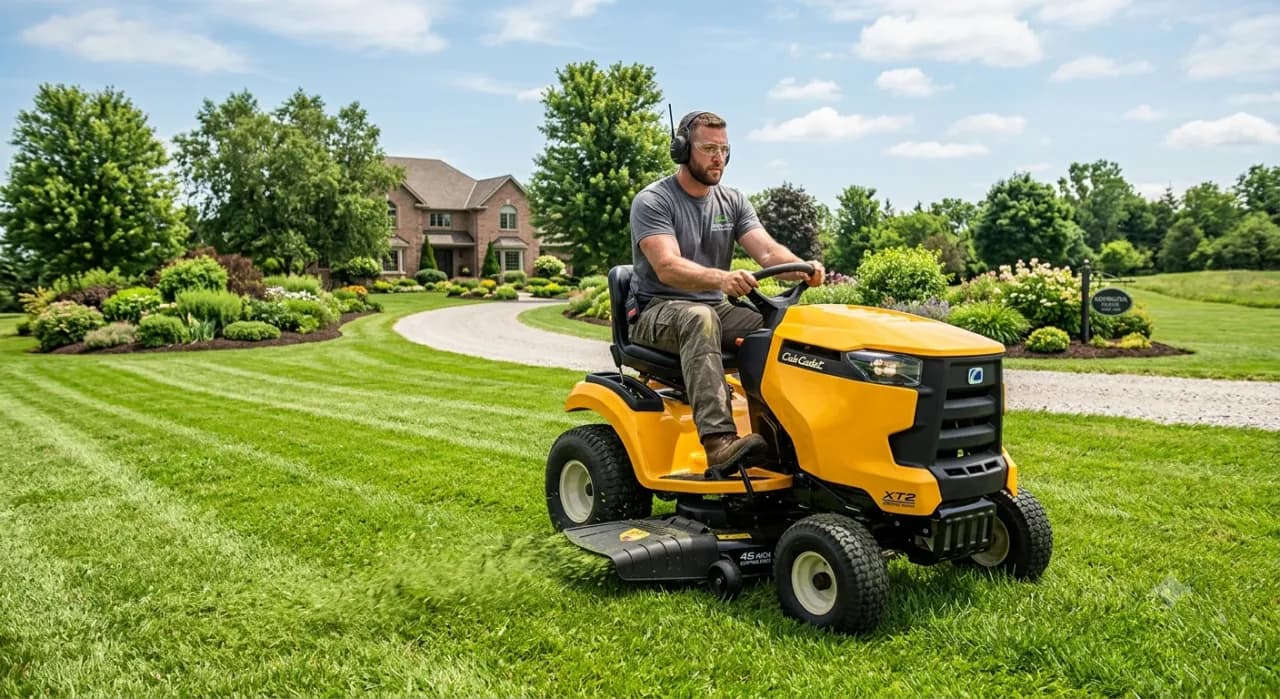 Landscaper mowing a lawn on a job site, clocked in with BizyClock