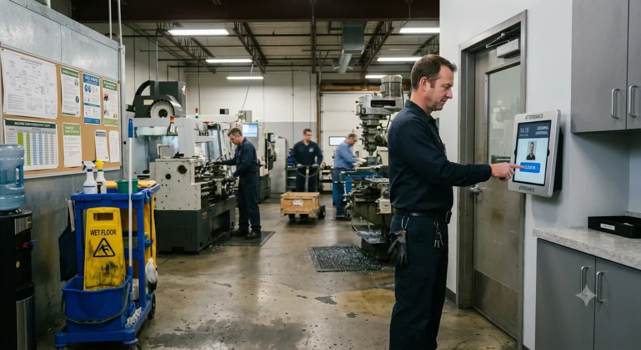 Machine shop worker clocking in on the shop floor with BizyClock