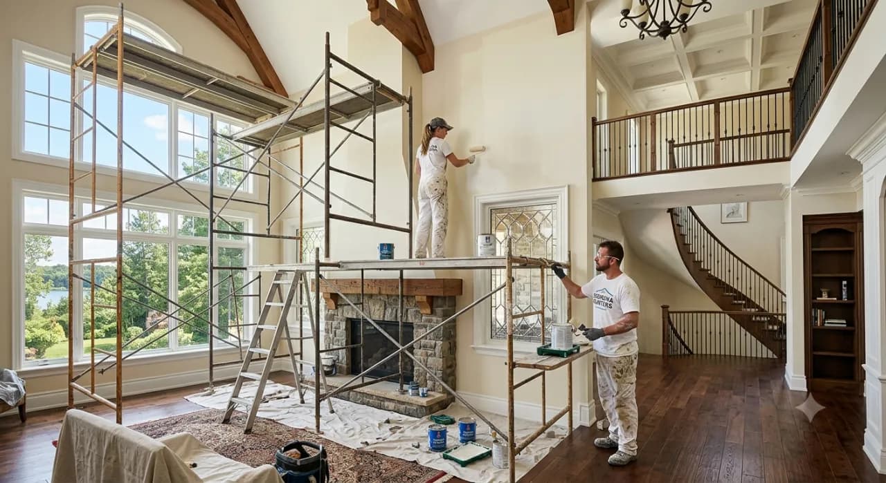 Painters painting a house exterior, tracking job hours with BizyClock