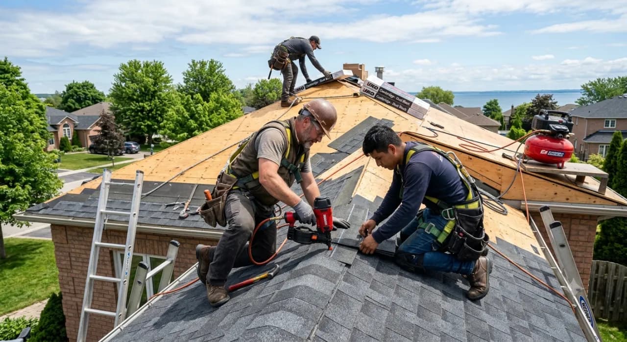 Roofers working on a roof, clocked in to the job with BizyClock