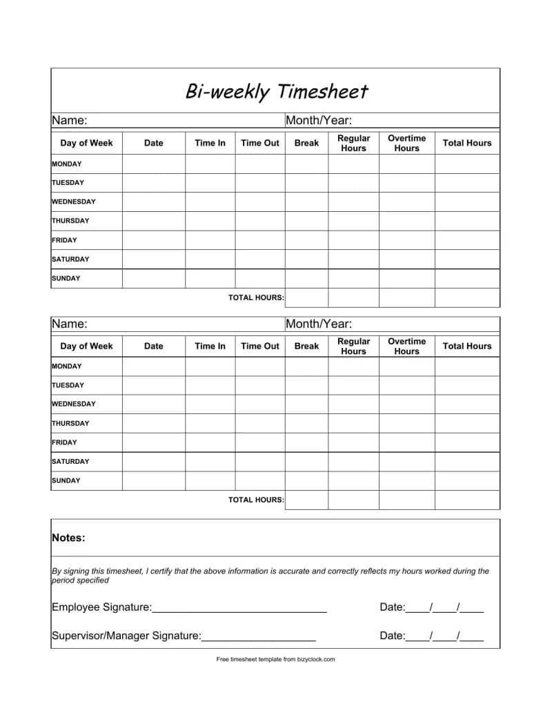 Preview of the printable BizyClock biweekly timesheet template