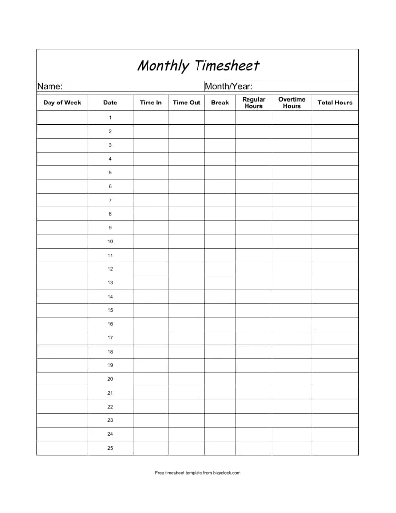 Preview of the printable BizyClock monthly timesheet template