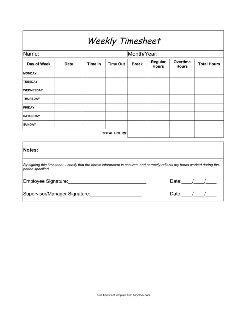 Preview of the printable BizyClock weekly timesheet template