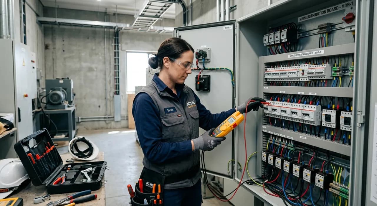 Electrician in front of an electrical panel on a job site, ready to clock in with BizyClock
