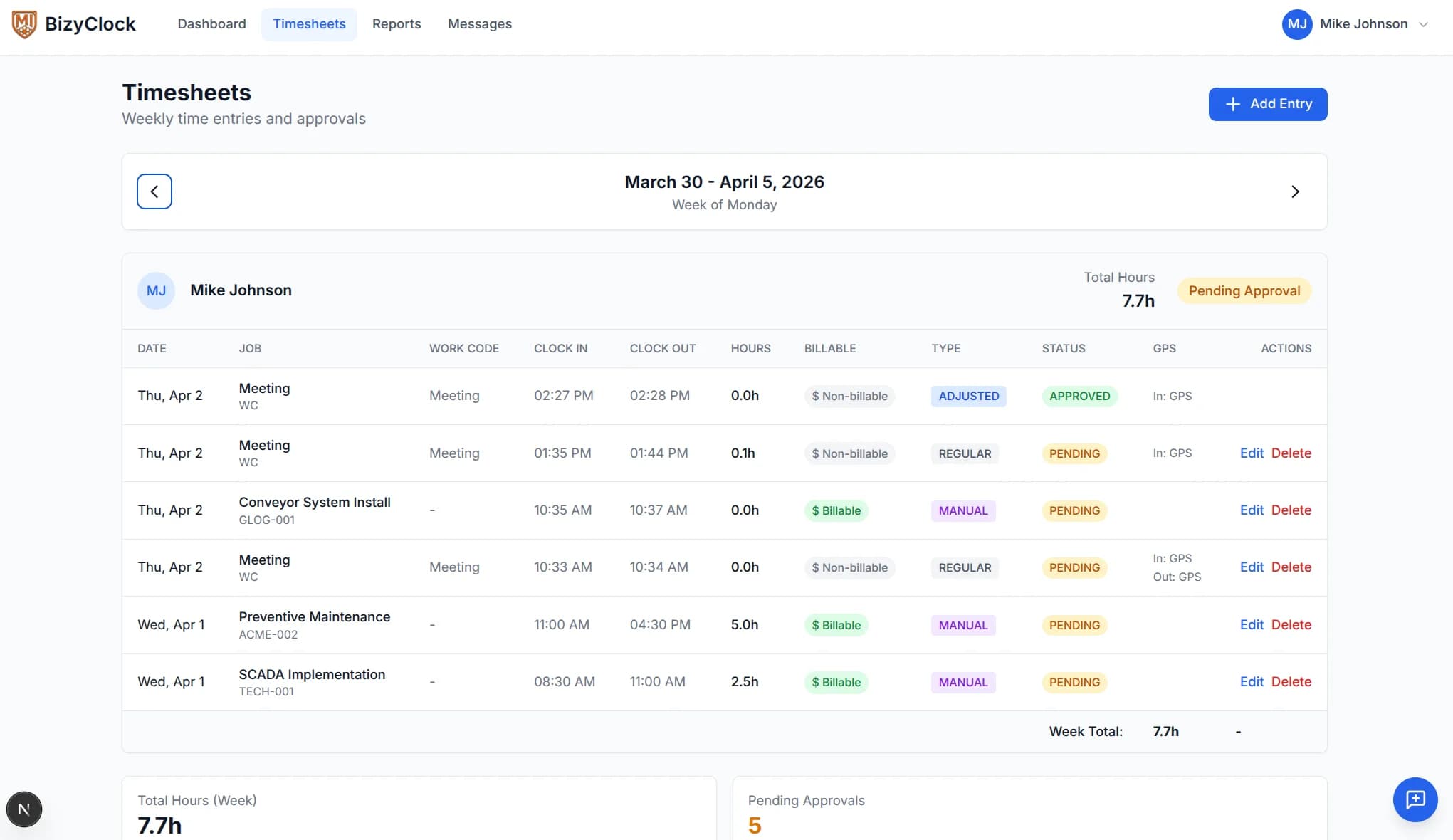 BizyClock employee timesheet view