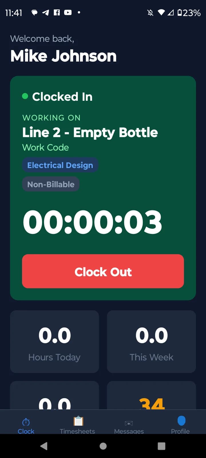 BizyClock mobile clocked-in screen
