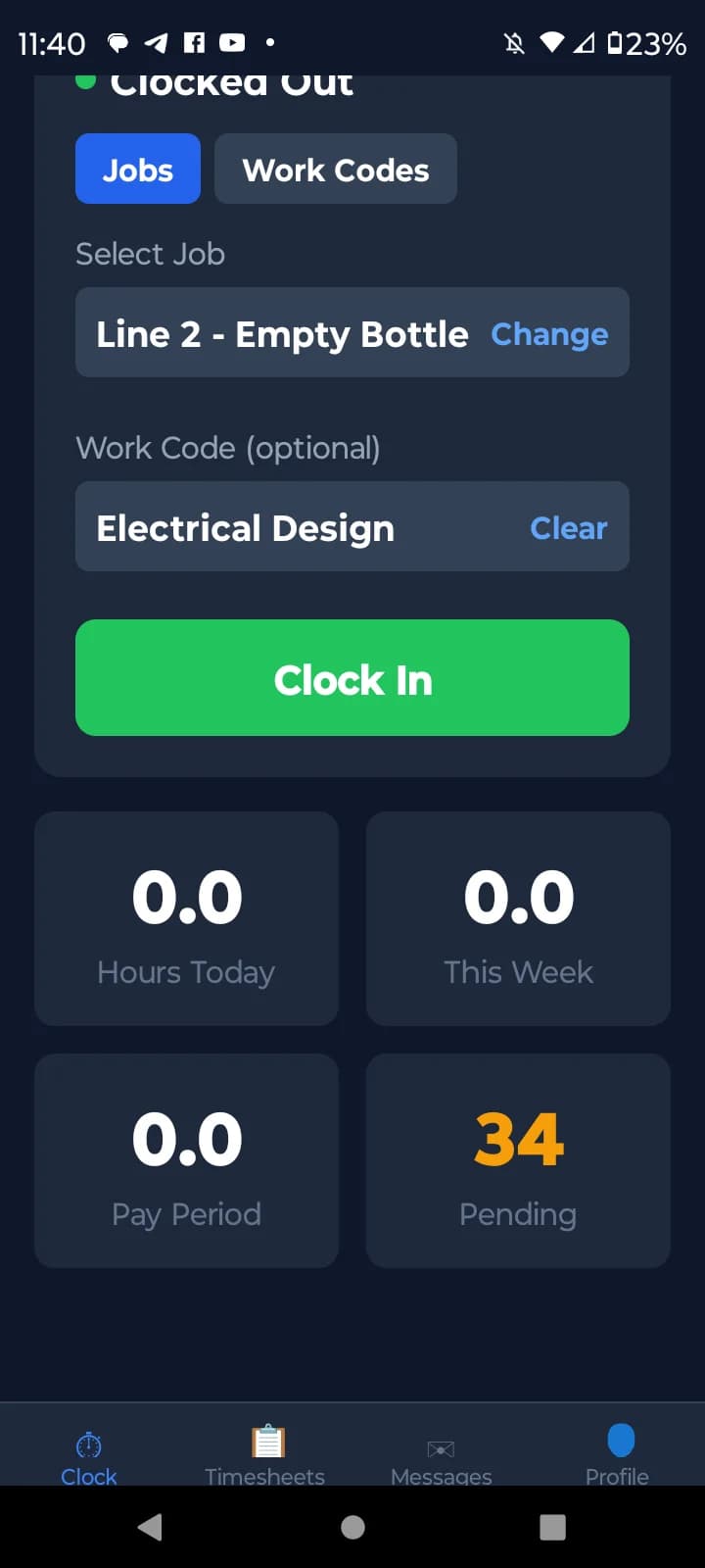 BizyClock mobile clock-in screen