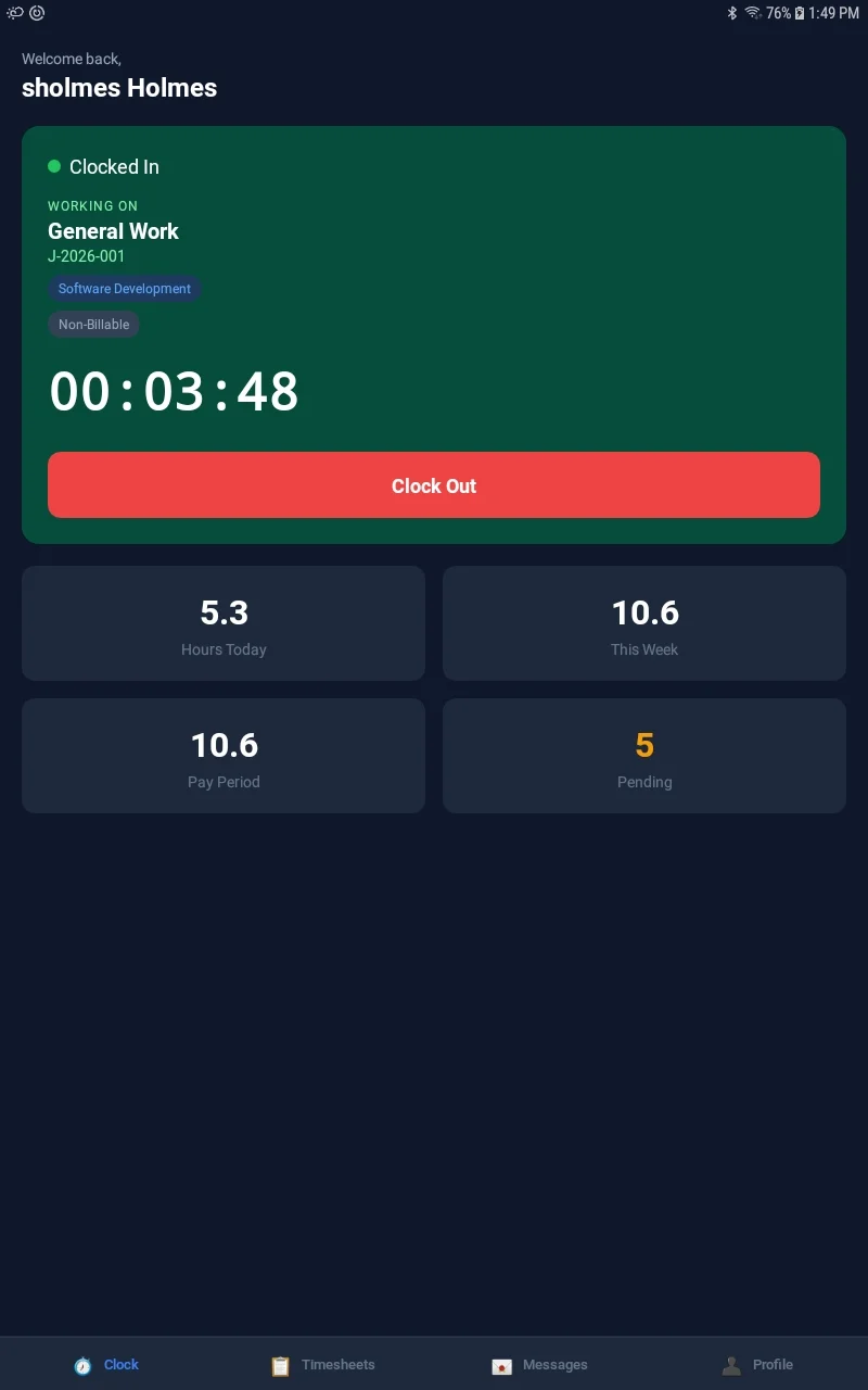 BizyClock kiosk clock-in screen on a shared tablet showing a clocked-in crew member